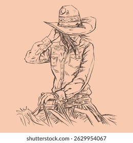 Cowgirl in hat on horseback vector for card, decoration, illustration