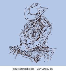 Cowgirl in hat posing on horseback vector for card, decoration, illustration