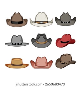 chapéu de cowgirl definir desenho animado. moda de rodeio, couro estilo, banda de abas sinal chapéu de cowgirl.