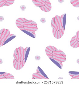 Cowgirl hats and flowers seamless pattern. Cowboy western theme. Wild west. Hand drawn vector design