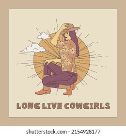 Cowgirl Holds Her Hat Banner Or Card Template. Vector Illustration Of Squatting Young Woman In Cow Hat. Wild West Girl Aesthetic In Earthy Tones.