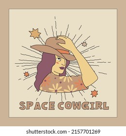 Cowgirl Holds Her Hat Banner Or Card Template. Vector Illustration Of Young Woman In Cow Hat. Wild West Girl Aesthetic In Earthy Tones.