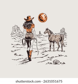 Cowgirl and Horses Desert Scene Retro
