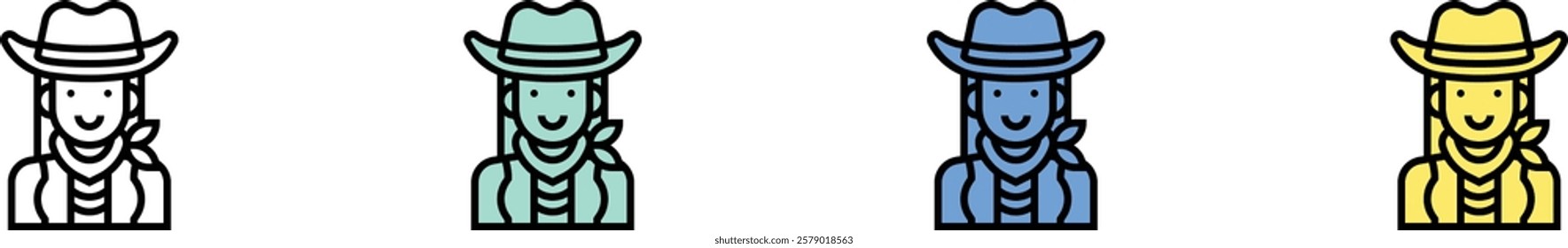 cowgirl icon. Outline, Green, Blue and Yellow Style Design Isolated On White Background