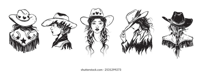 Conjunto de ilustración de vaquera, retrato de mujer occidental de Vector, sombrero tradicional de niña de Texas dibujado a mano. Personaje femenino del rancho retro americano, estilo vintage del grabado de la señora de la música country. Retrato de vaquera