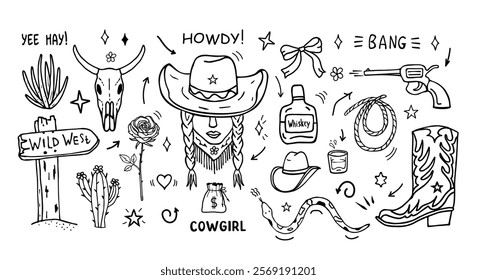 Cowgirl illustration. Vector set with a cowgirl, cow's skull, revolver, cactus, cowboy boot, rose, whiskey, rope, pointer to the Wild West and snake. Lettering and inscriptions. Hand-drawn doodle 