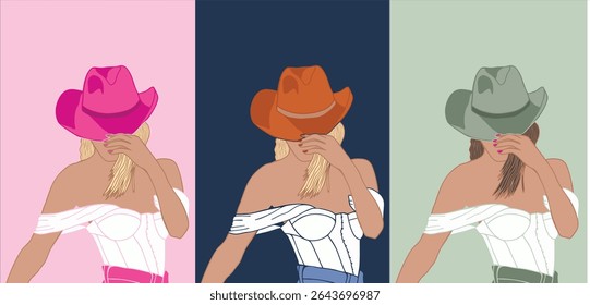 Cowgirl Illustrations – Western Girls Wearing Cowboy Hats Vector Set

