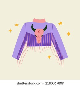 Cowgirl jacket with bull skull, fringe and stars. Vector cute illustration in wild west, western style. Cowboy clothes on isolated background