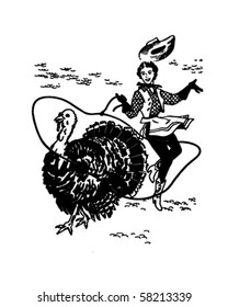 Cowgirl Lassoing Turkey - Retro Clip Art