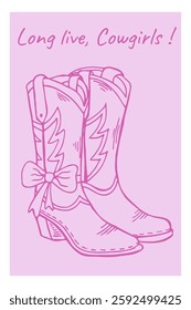 Cowgirl line art illustration featuring stylish boots with a coquette bow accent in a playful pink background