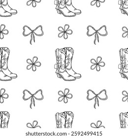 Cowgirl line art illustration seamless pattern with lasso, bows and western elements for creative decor and design projects