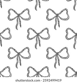 Cowgirl line art illustration seamless pattern featuring lasso, coquette bows and decorative western elements for unique designs