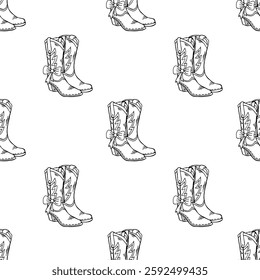 Cowgirl line art illustration seamless pattern with lasso and bow details for western decor