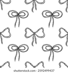 Cowgirl line art illustration seamless pattern featuring lasso bows and western elements for decorative designs