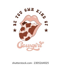 Cowgirl lips and cow printed tongue out vector illustration. Wild West groovy aesthetic print design.