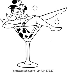 Cowgirl in Martini Glass. Bachelorette celebration icon.