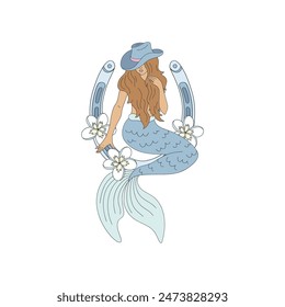 Cowgirl mermaid sitting on horseshoe vector illustration. Coastal Western pre-made card 