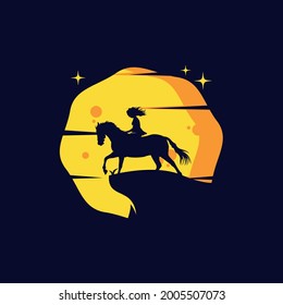 Cowgirl on wild horse on moon logo