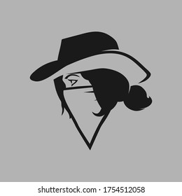 Cowgirl outlaw side view portrait symbol on gray backdrop. Design element