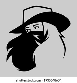 Cowgirl outlaw wearing bandana portrait symbol on gray backdrop. Design element