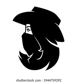 Cowgirl outlaw wearing bandana portrait symbol in profile on white backdrop. Design element
