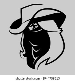 Cowgirl outlaw wearing bandana portrait symbol on gray backdrop. Design element