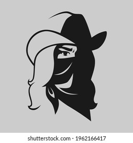 Cowgirl outlaw wearing bandana portrait symbol on gray backdrop. Design element