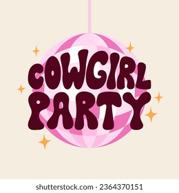 Inscripción de la fiesta de las vacas al estilo retro groovy con la bola disco rosa. Ilustración plana vectorial con letras. Cartel de una fiesta de disco