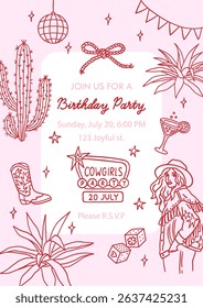 Cowgirl party invitation template with sample text. Hand drawn elements Disco ball, rope bow, cactus, agave, girl, cowboy boots, dice, citrus cocktail, garland, stars. Cowboy wild western concept