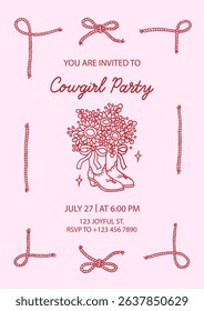 Cowgirl party invitation template with sample text. Cowboy boots vase with beautiful bouquet of sunflowers and coquette bow ribbon. Frame of rope and corde bows with knot tied. Cowboy western concept