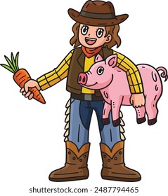 Cowgirl with Piglet and Carrot Cartoon Clipart