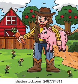 Cowgirl with Piglet and Carrot Colored Cartoon 