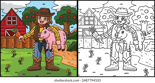 Cowgirl with Piglet Carrot Coloring Illustration