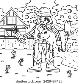 Cowgirl with Piglet and Carrot Coloring Page