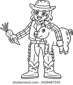 Cowgirl with Piglet and Carrot Isolated Coloring