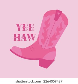 Cowgirl pink boot with yee haw lettering. Cowboy girl wears fashion boots. Cowboy western theme, wild west, texas. Hand drawn cartoon trendy vector illustration.