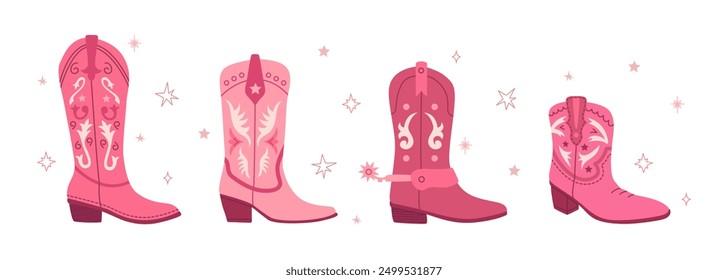 Conjunto de botas rosa vaquera. Ilustración vectorial plana dibujada a mano. Concepto de vaquero occidental y salvaje oeste