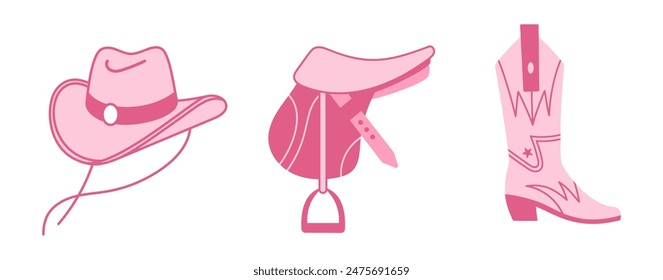 Cowgirl Pink core fashion elements set. Cowboy western and wild west theme set. Hand drawn vector illustration.
