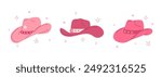 Cowgirl pink hats set. Flat hand drawn vector illustration. Cowboy Western and Wild West concept