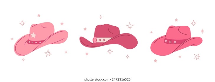 Cowgirl pink hats set. Flat hand drawn vector illustration. Cowboy Western and Wild West concept