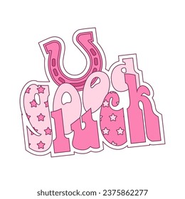 Cowgirl pink horseshoe with goos luck lettering. Cowboy western theme, wild west, texas retro american aesthetics. Hand drawn cartoon trendy vector illustration.