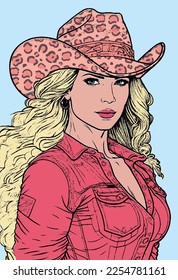 Cowgirl with pink jaguar hat. Comic cartoon style, pop art