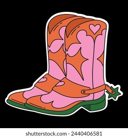 Vaquera de color rosa, naranja y verde etiqueta engomada de la bota en un fondo negro. Chica vaquera lleva botas de moda. Cowboy tema occidental, oeste salvaje, texas, país. Dibujado a mano ilustración vectorial de moda de dibujos animados