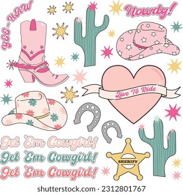 Cowgirl Pink Sticker Isolated Graphic Elements Trendy Retro Cowgirl Boot Heart