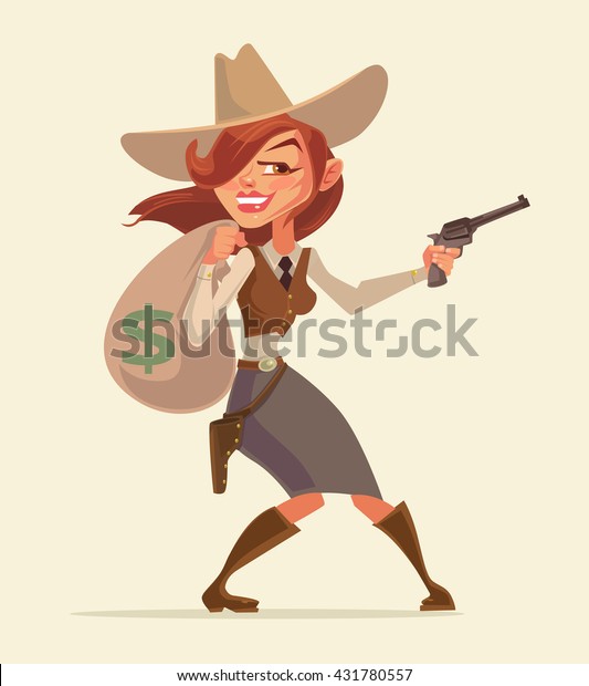 ピストルを持つカウガール カウガール泥棒 西洋の泥棒女は金袋を持つ ベクター平面の漫画イラスト のベクター画像素材 ロイヤリティフリー