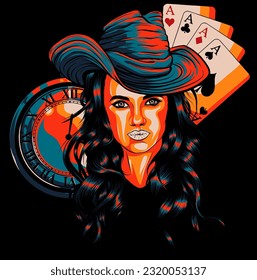 Cowgirl with poker aces and gold clock on black background. vector illustration design