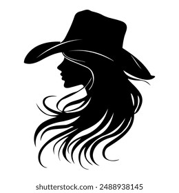 Cowgirl portrait in cowboy hat, black silhouette western vector illustration.