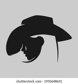 Cowgirl portrait in profile symbol on gray backdrop. Design element