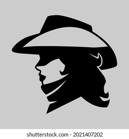 Cowgirl portrait in profile symbol on gray backdrop. Design element