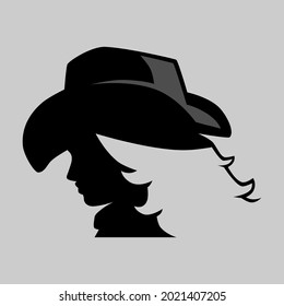 Cowgirl portrait in profile symbol on gray backdrop. Design element